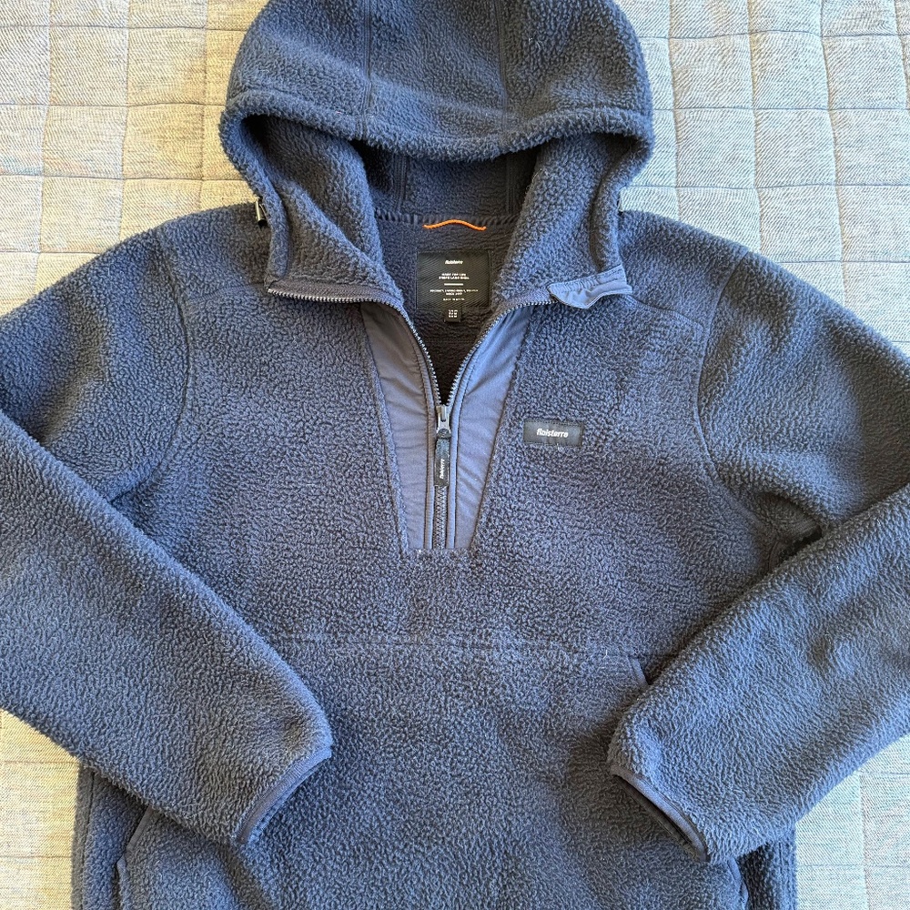 Finisterre Bolster 1/2 Zip Fleece Hoodie Blue High Pile Sherpa Pullover - Mens M
